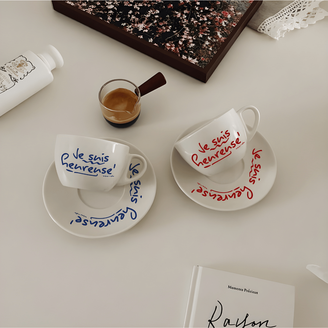 200ml French Quote Ceramic Mug with Saucer – Handwritten Style