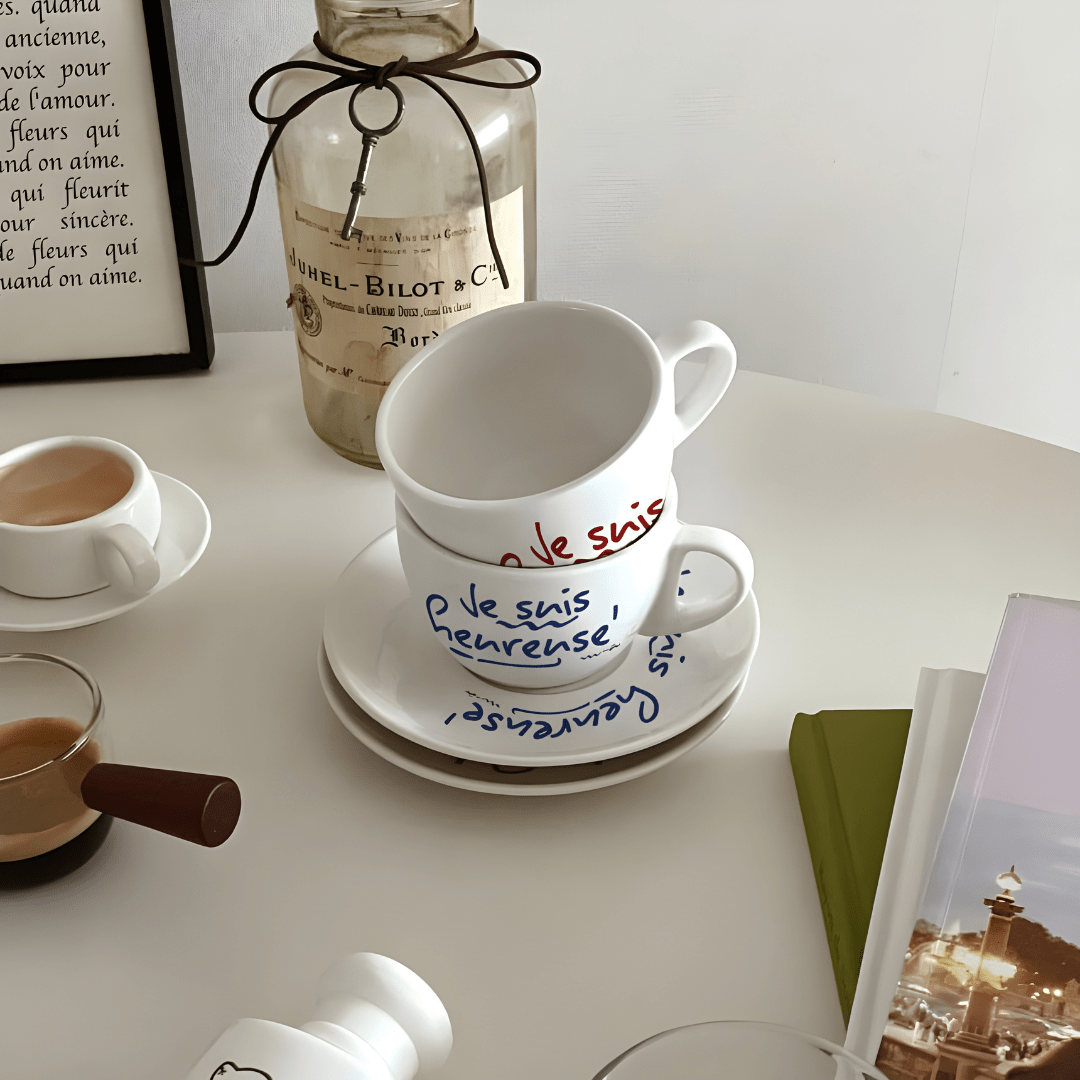 200ml French Quote Ceramic Mug with Saucer – Handwritten Style