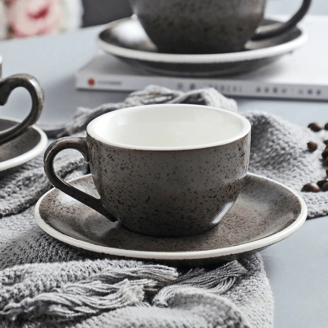 300ml Vintage Ceramic Coffee Cup & Saucer Set – Grey Stone Finish