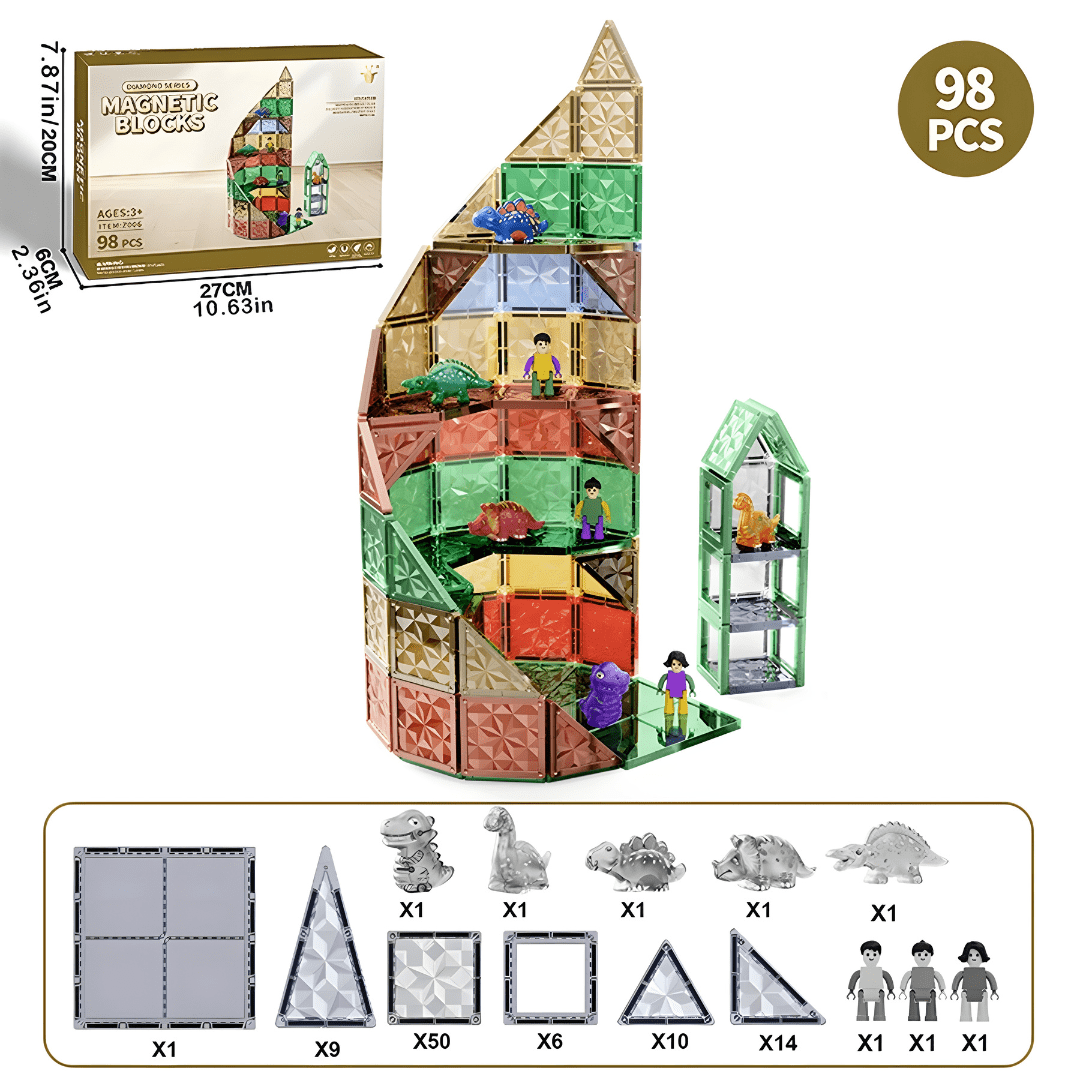 98 Pcs Magnetic Building Blocks – 3D Diamond Set With Dinosaurs & Figures 3 Years+