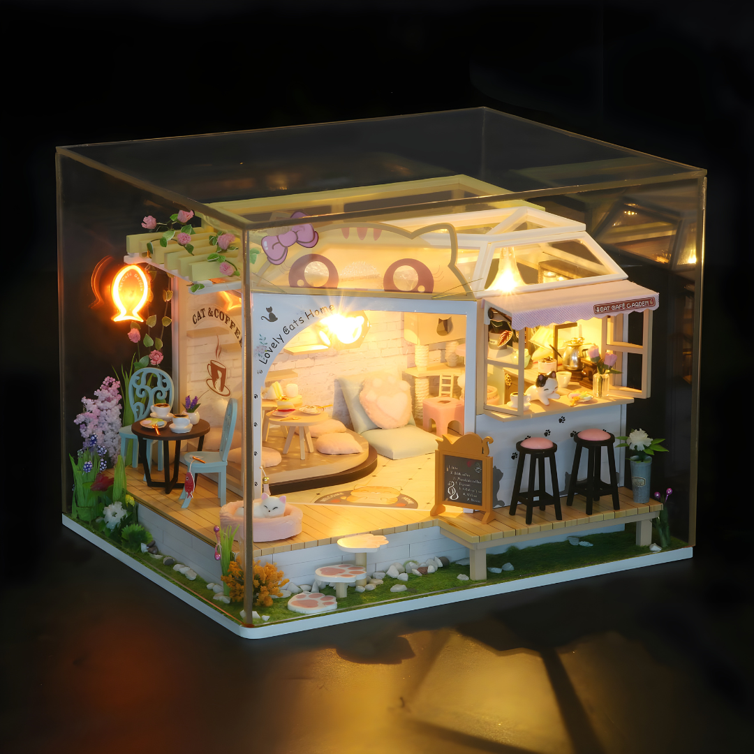 DIY Miniature Cat Café Garden – LED, Music & Dust Cover