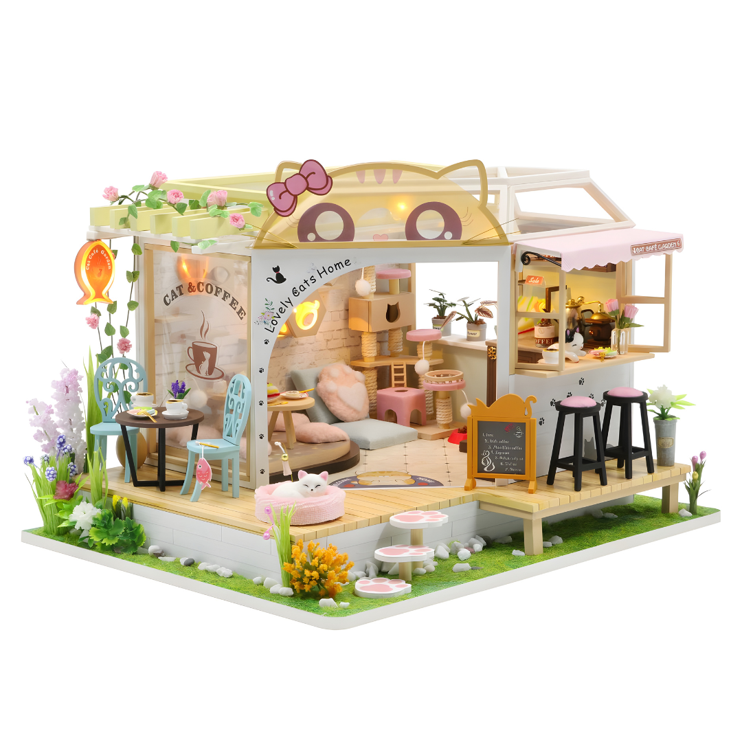 DIY Miniature Cat Café Garden – LED, Music & Dust Cover
