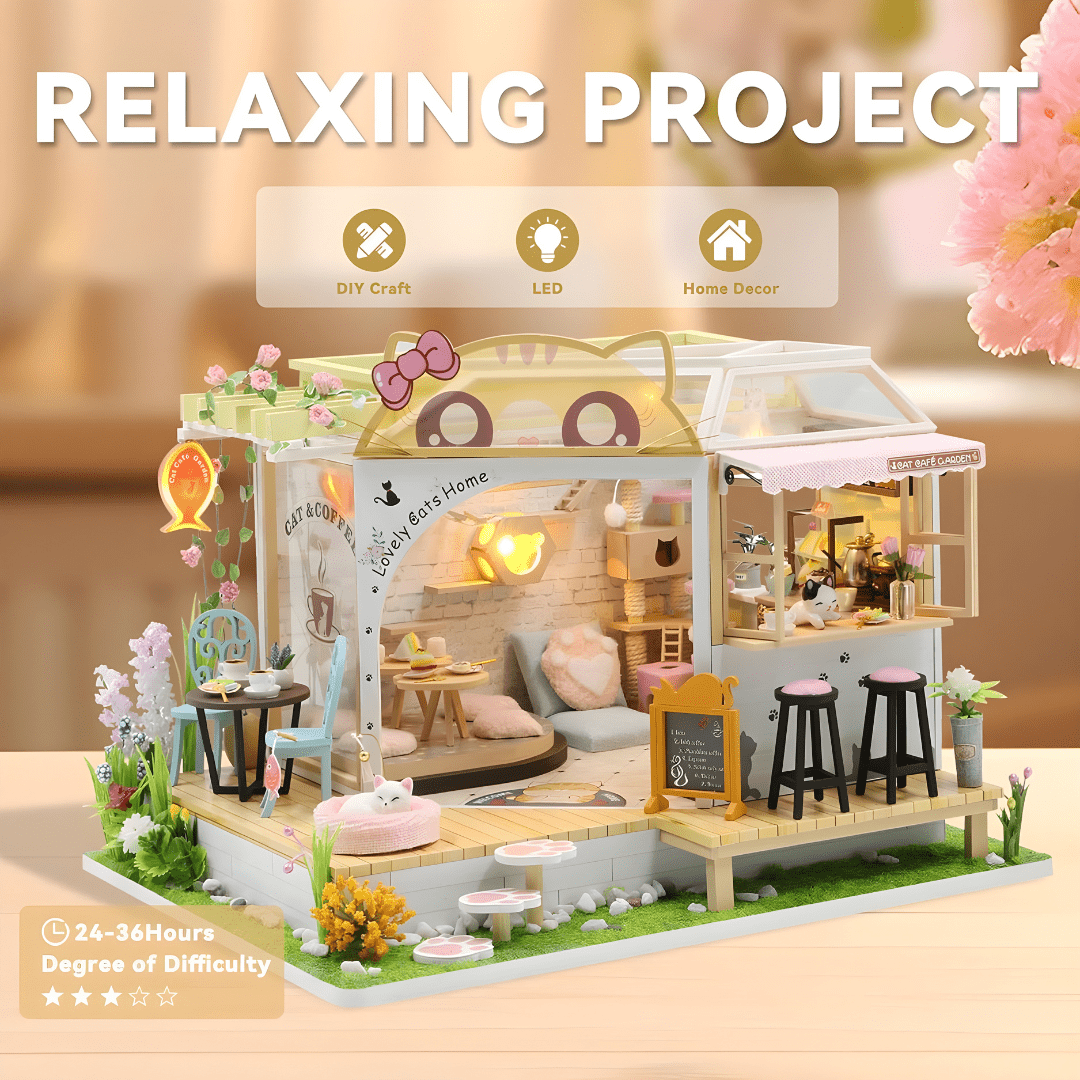 DIY Miniature Cat Café Garden – LED, Music & Dust Cover