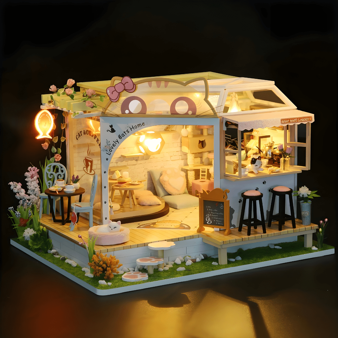 DIY Miniature Cat Café Garden – LED, Music & Dust Cover
