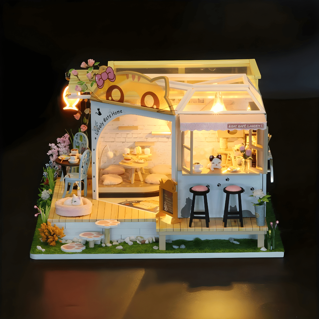 DIY Miniature Cat Café Garden – LED, Music & Dust Cover