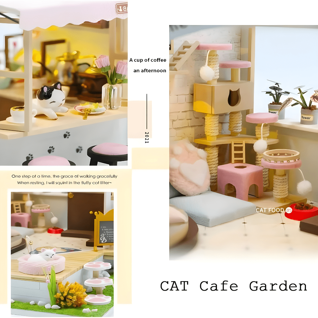 DIY Miniature Cat Café Garden – LED, Music & Dust Cover