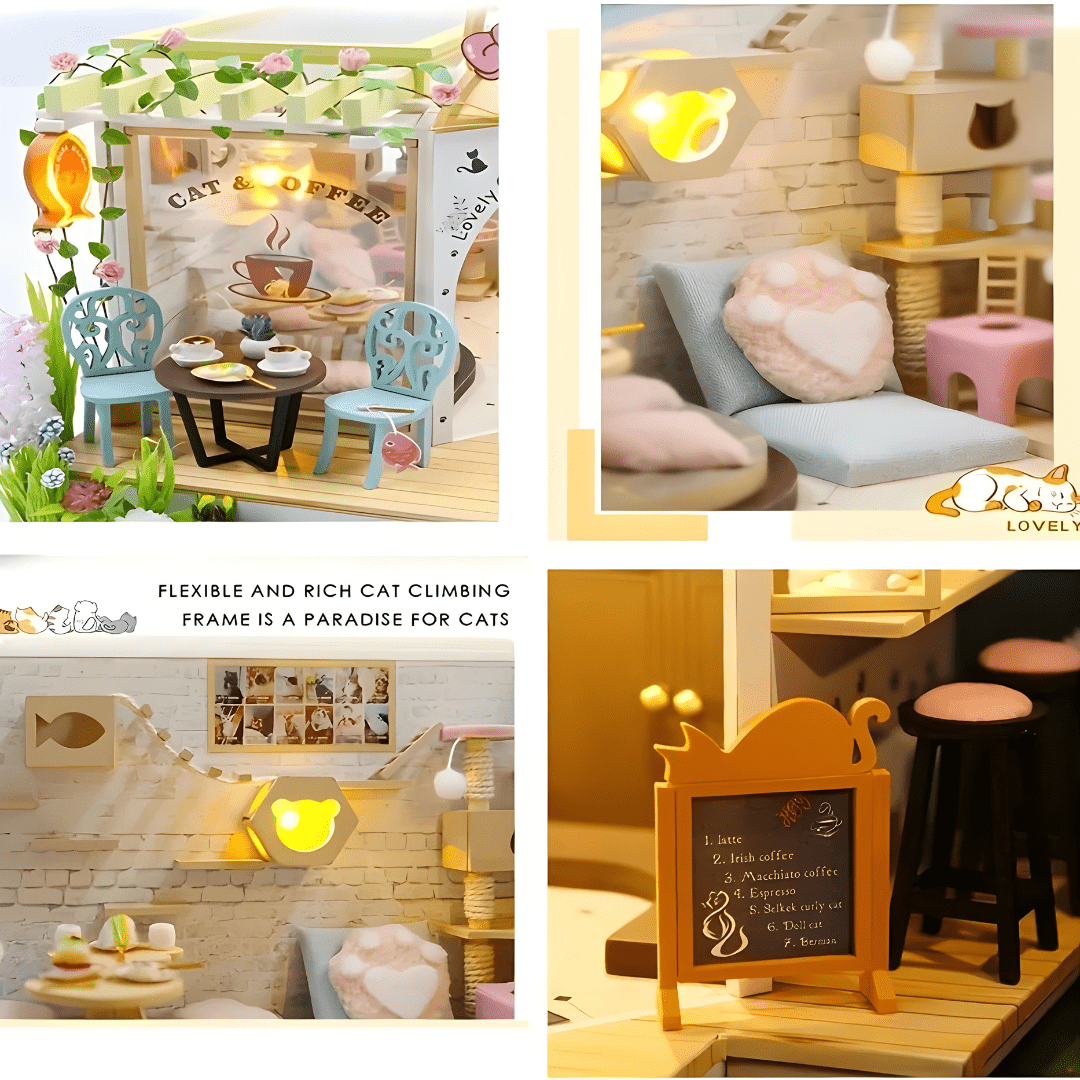 DIY Miniature Cat Café Garden – LED, Music & Dust Cover