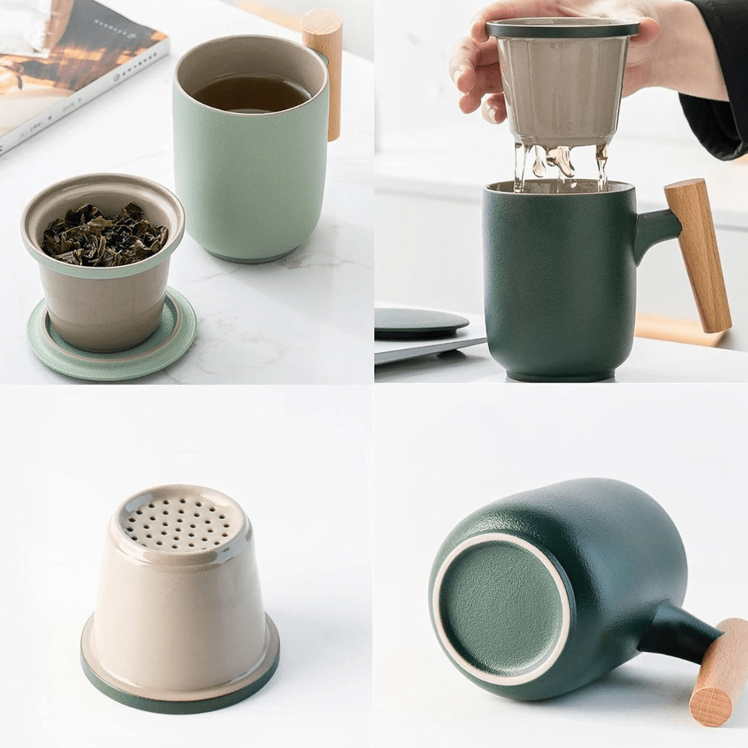 Ceramic Tea Mug with Infuser – 380ml Porcelain Cup with Wooden Handle (with Lid)