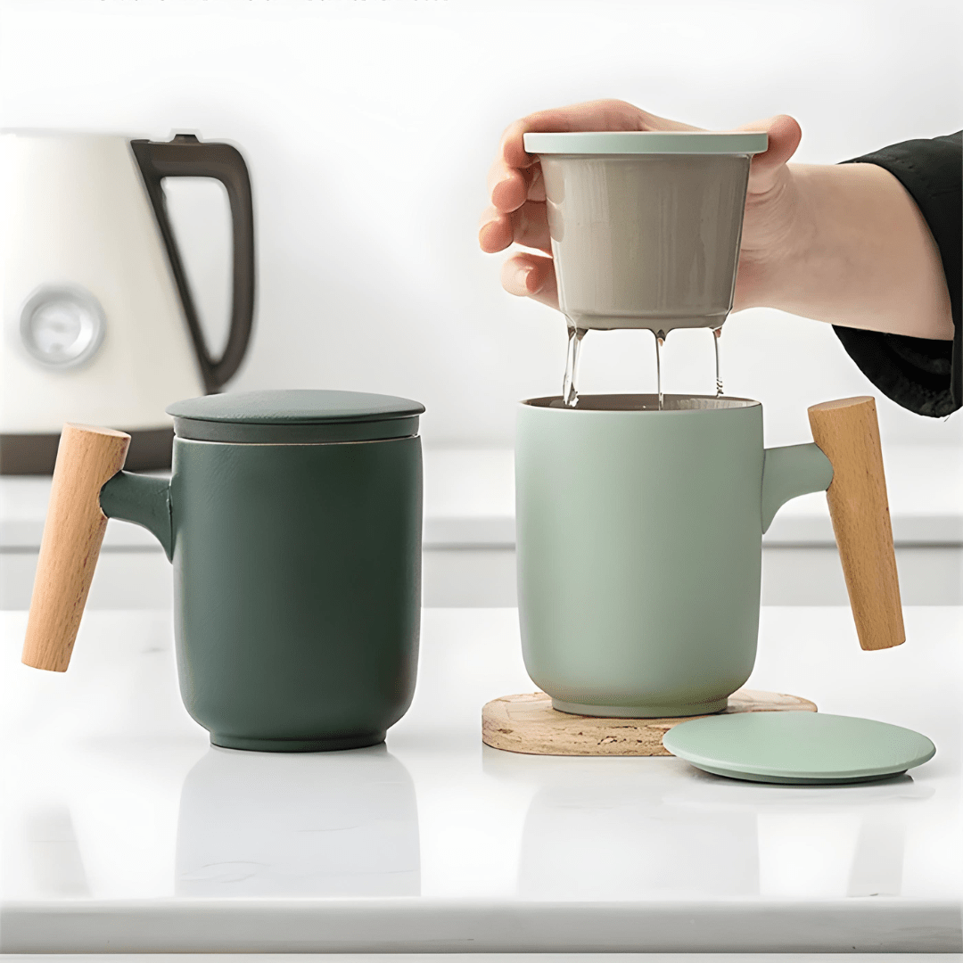 Ceramic Tea Mug with Infuser – 380ml Porcelain Cup with Wooden Handle (with Lid)