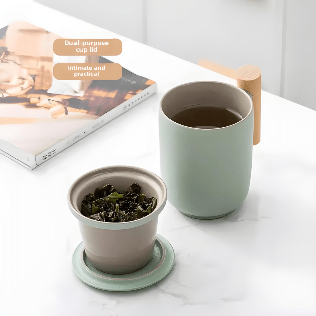 Ceramic Tea Mug with Infuser – 380ml Porcelain Cup with Wooden Handle (with Lid)
