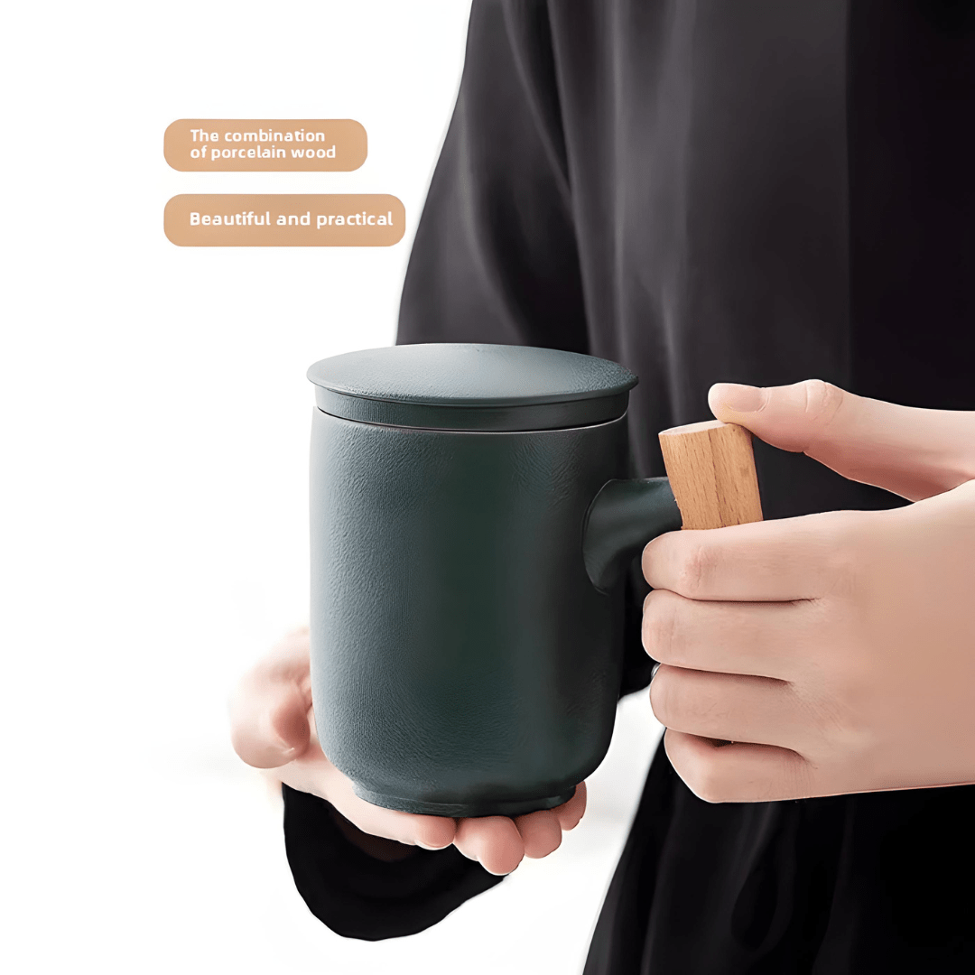 Ceramic Tea Mug with Infuser – 380ml Porcelain Cup with Wooden Handle (with Lid)
