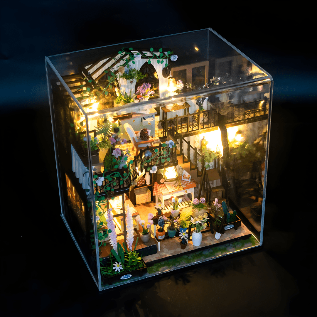 Darcy Flower House DIY Miniature with LED Lights, Music & Plexiglass Cover – 22×17×24cm