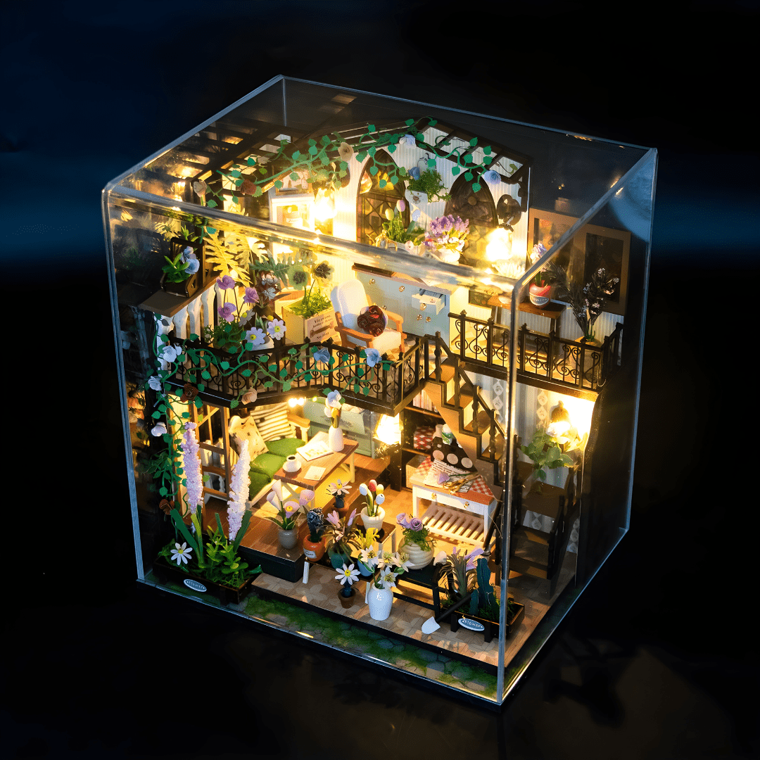 Darcy Flower House DIY Miniature with LED Lights, Music & Plexiglass Cover – 22×17×24cm