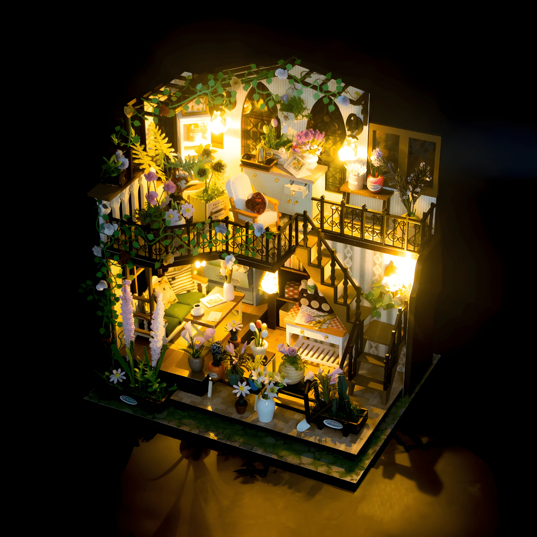 Darcy Flower House DIY Miniature with LED Lights, Music & Plexiglass Cover – 22×17×24cm