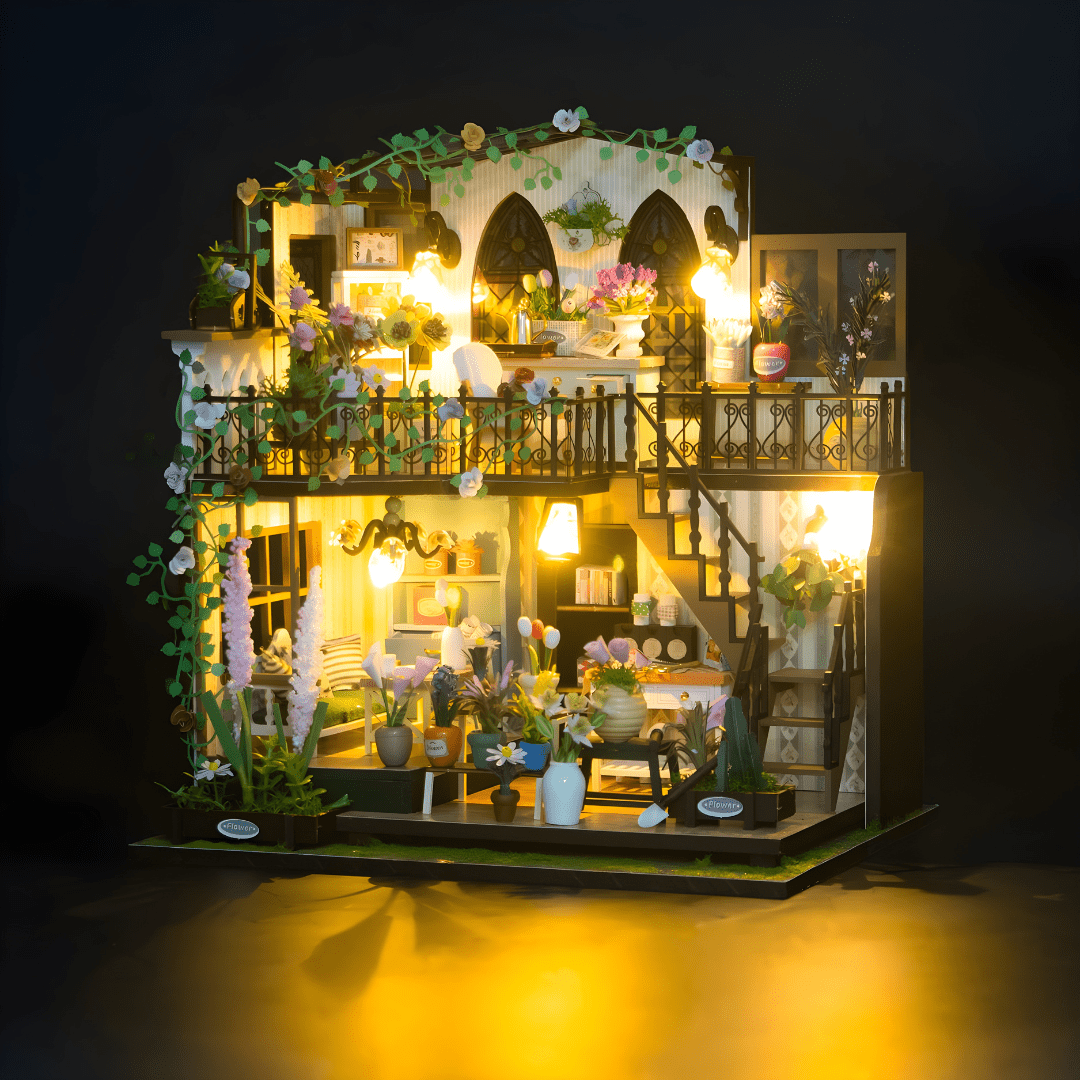 Darcy Flower House DIY Miniature with LED Lights, Music & Plexiglass Cover – 22×17×24cm