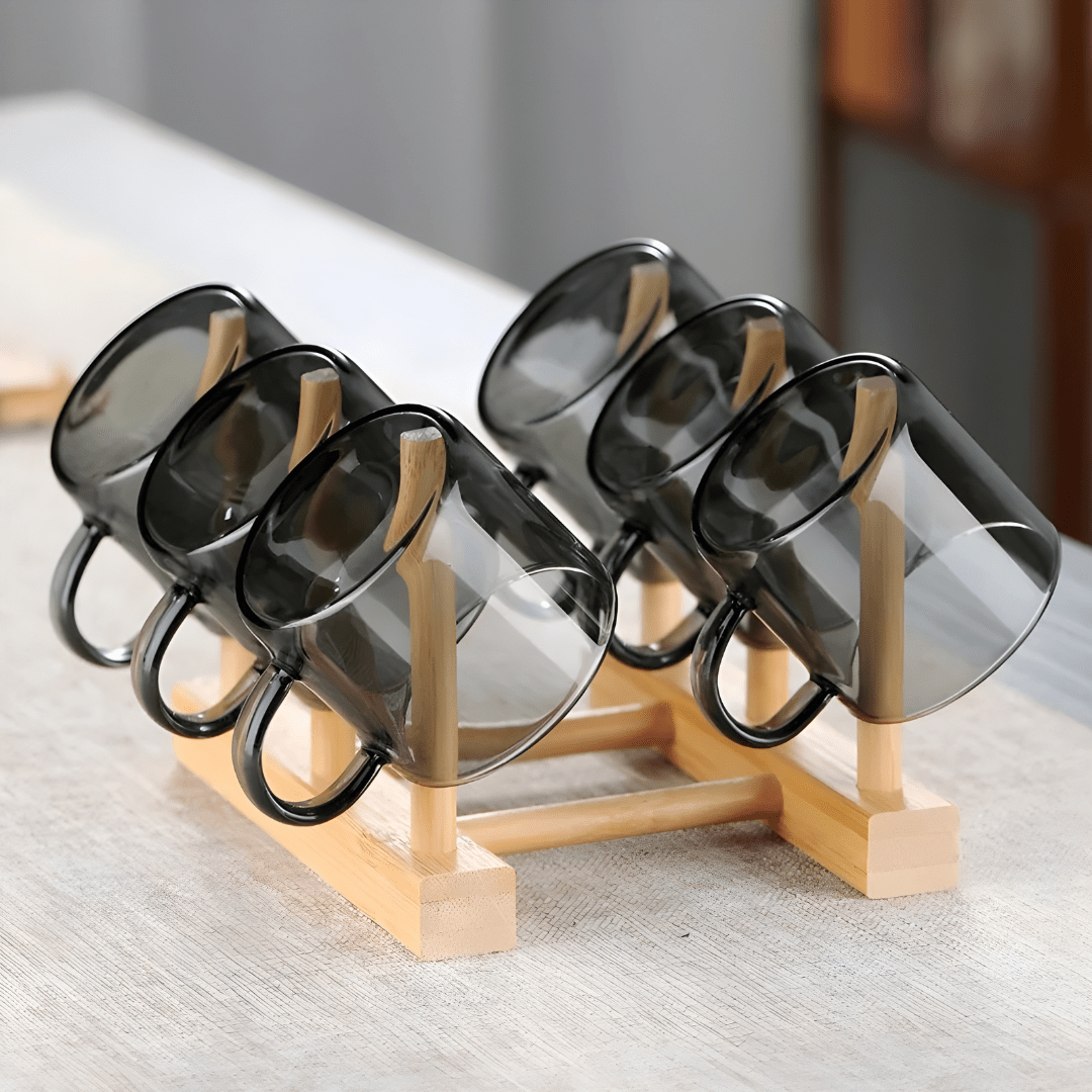 6-Piece Smoky Glass Cup Set with Wooden Stand – 90ml Espresso Cups