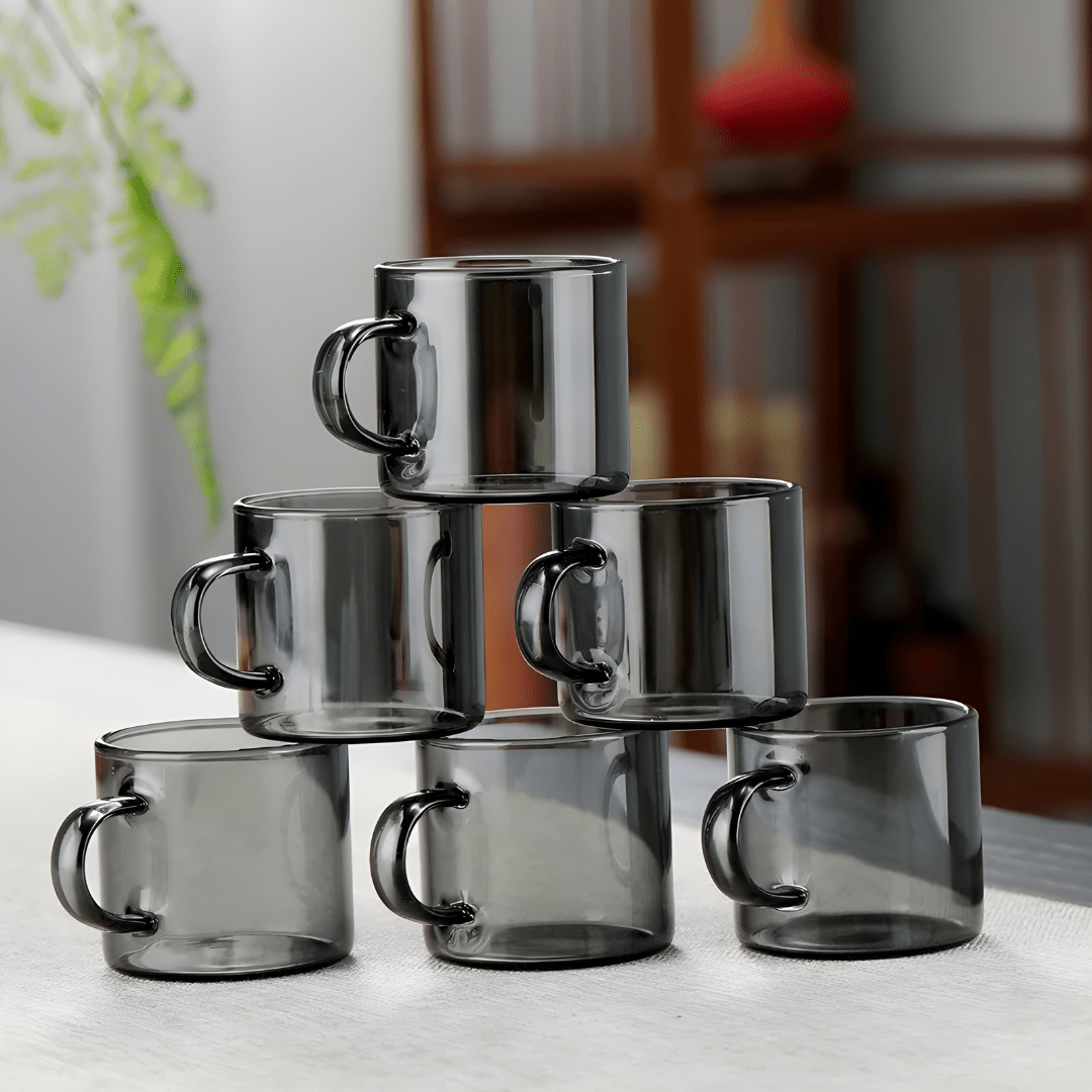 6-Piece Smoky Glass Cup Set with Wooden Stand – 90ml Espresso Cups
