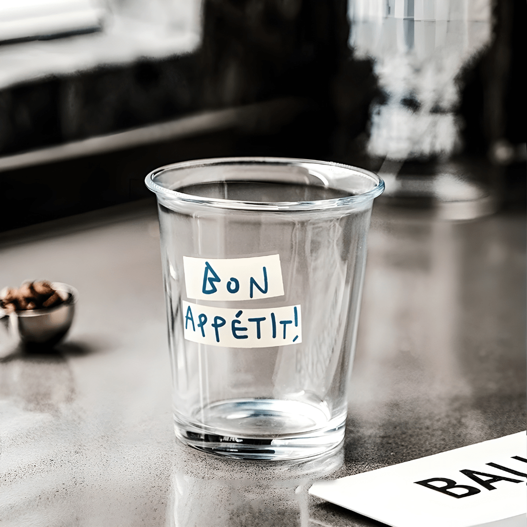 Bon Appétit 320ml Glass Cup – Red & Blue Lettering