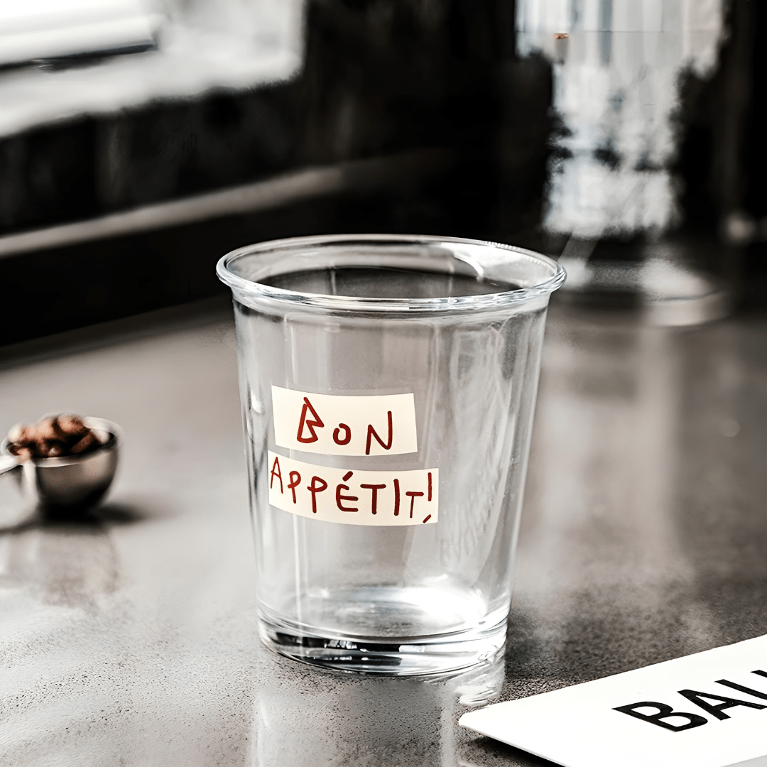 Bon Appétit 320ml Glass Cup – Red & Blue Lettering
