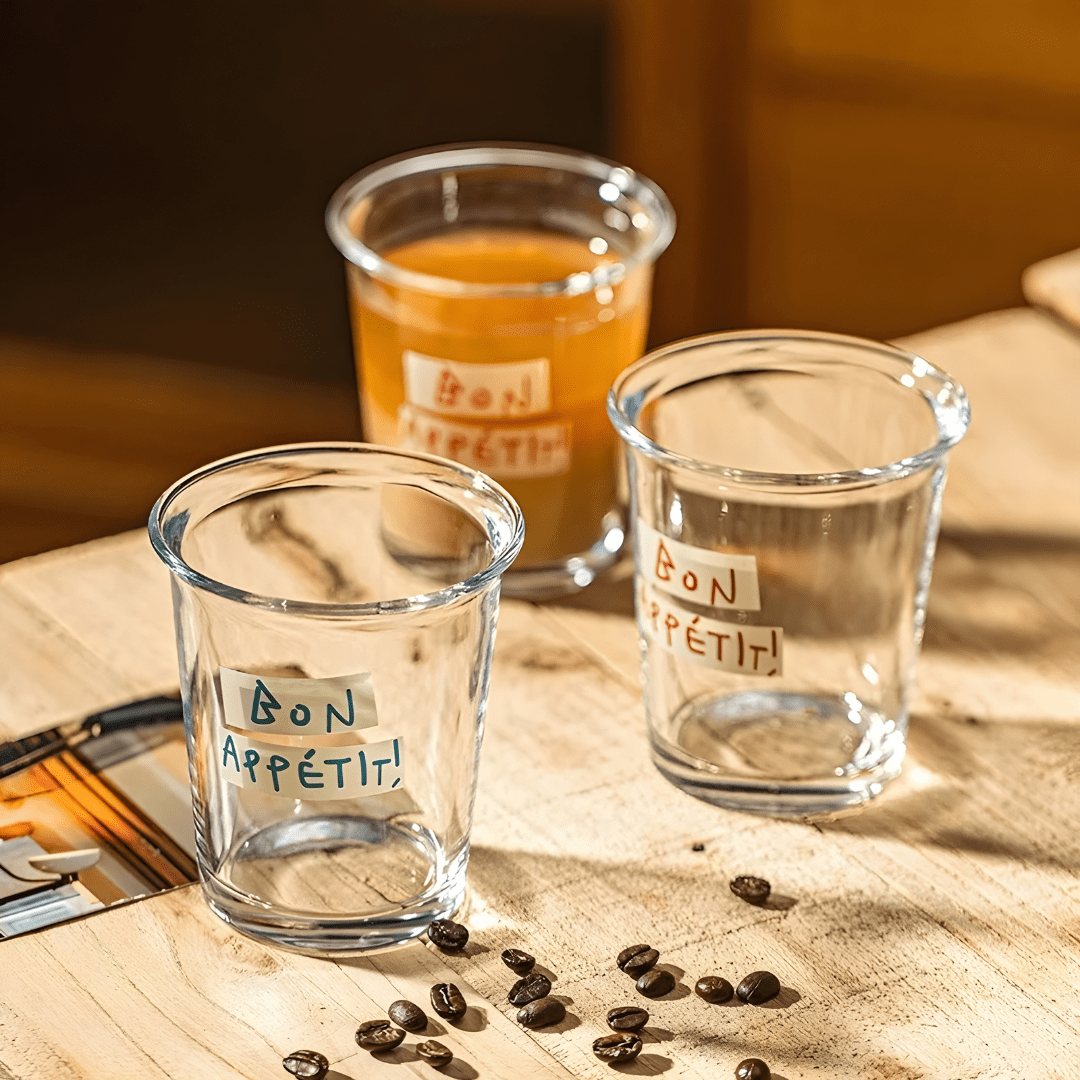 Bon Appétit 320ml Glass Cup – Red & Blue Lettering