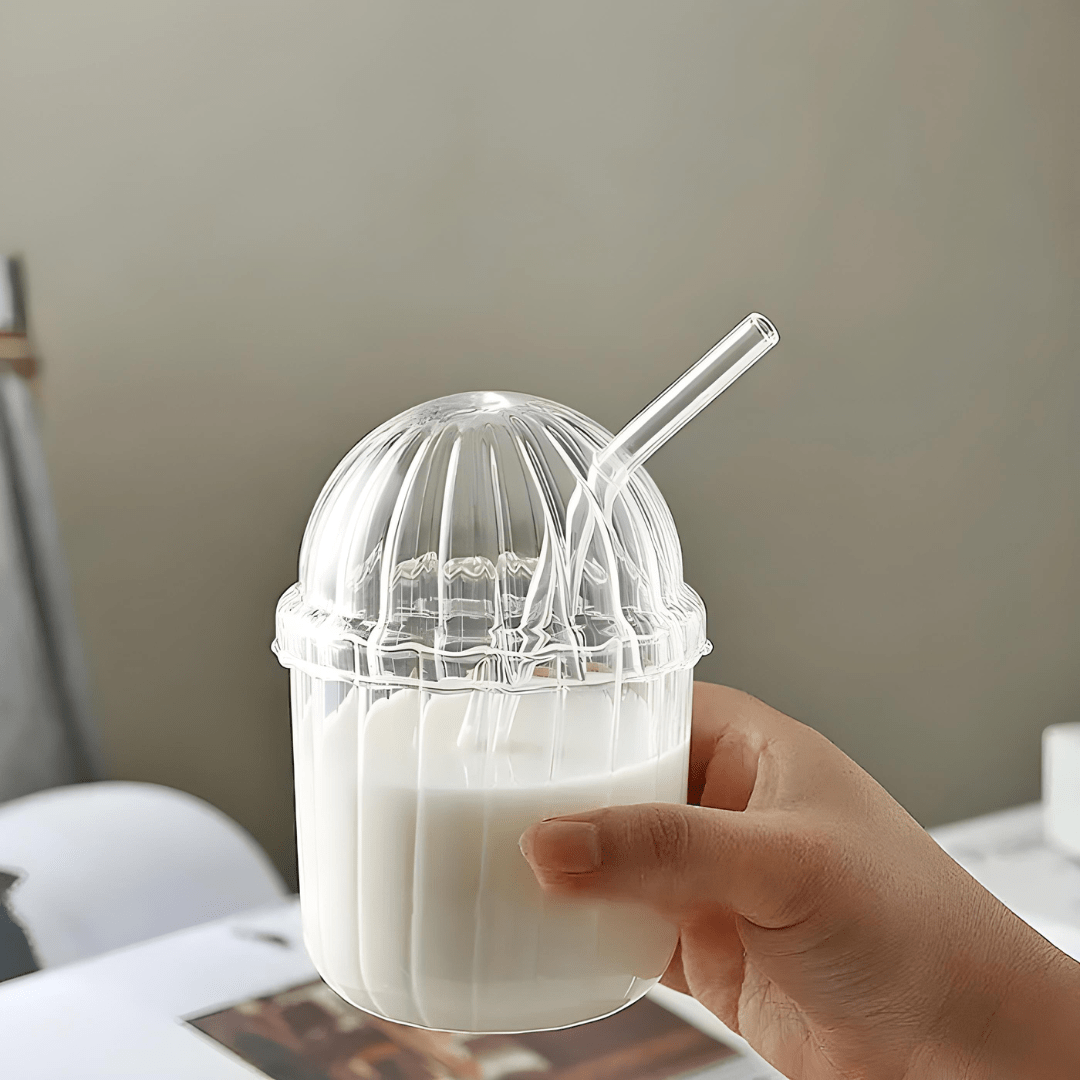 450ml Ribbed Glass Tumbler with Straw & Lid