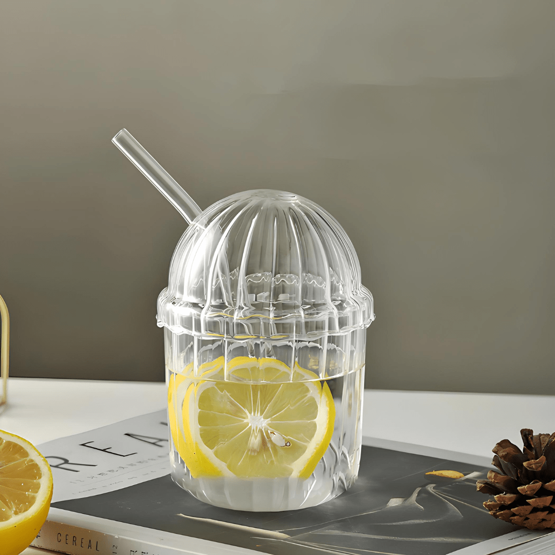 450ml Ribbed Glass Tumbler with Straw & Lid