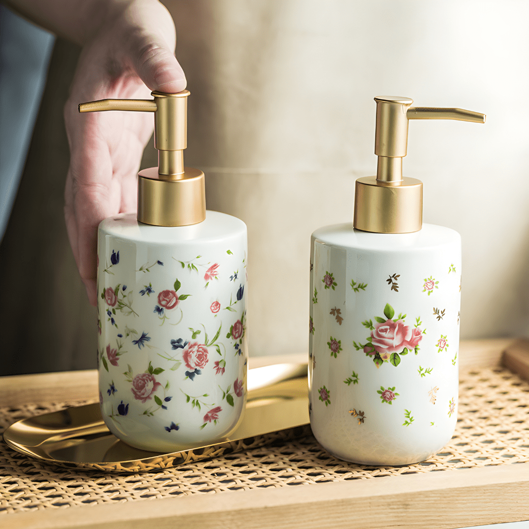 Retro White Hand Soap Dispenser with Golden Floral Pump – 320ml