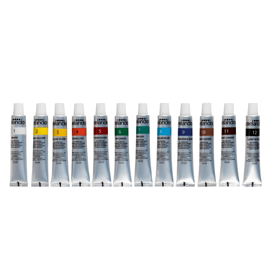Crelando Acrylic Paint Set – 12 Vibrant Colors x 12ml Tubes | Quick-Dry & Blendable