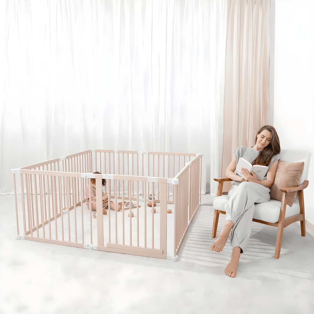 New Zealand Pine Wood Toddler Playpen with Foldable XPE Mat – 200×180×61 cm