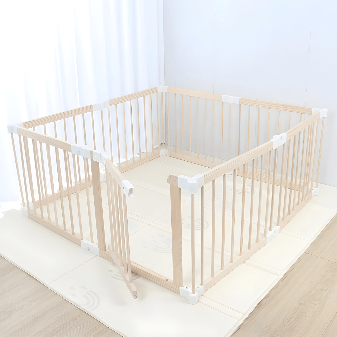 New Zealand Pine Wood Toddler Playpen with Foldable XPE Mat – 200×180×61 cm