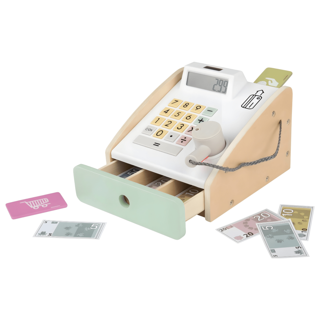 Playtive® Wooden Cash Register Set – 24 Pieces | Fiscal Toy Cash Register for Kids