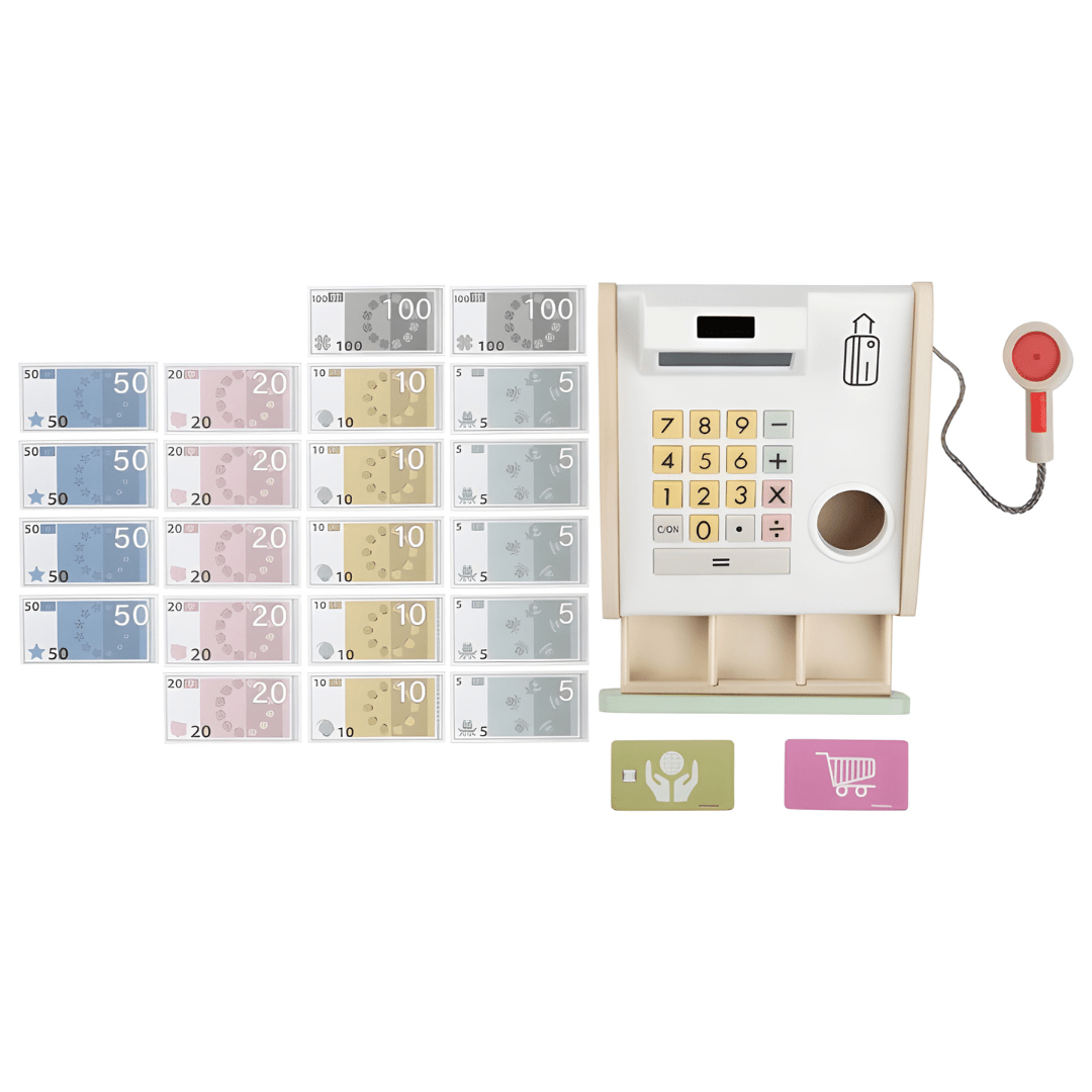 Playtive® Wooden Cash Register Set – 24 Pieces | Fiscal Toy Cash Register for Kids