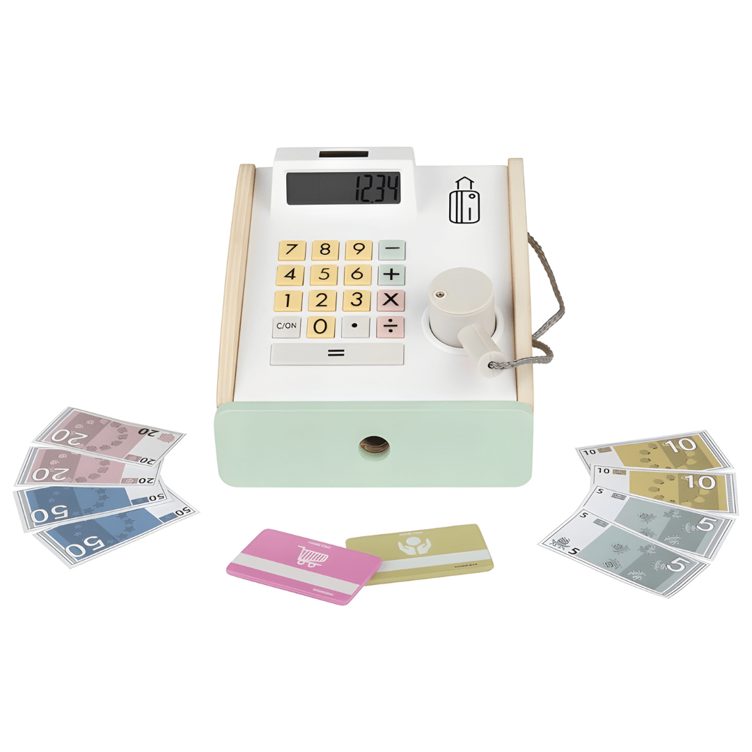 Playtive® Wooden Cash Register Set – 24 Pieces | Fiscal Toy Cash Register for Kids