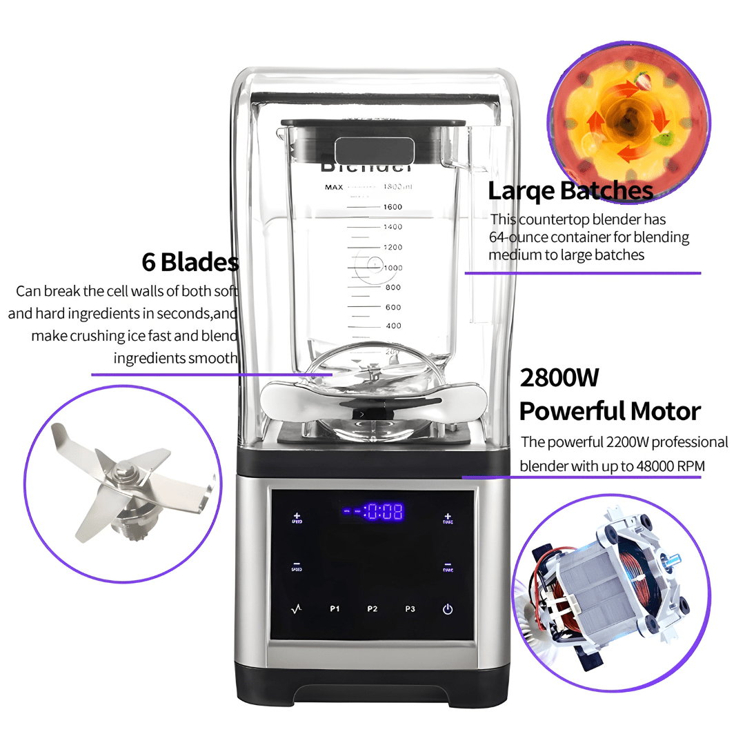 2000W Heavy-Duty Quiet Blender with Sound Cover – 1.8L Stainless Steel Blades