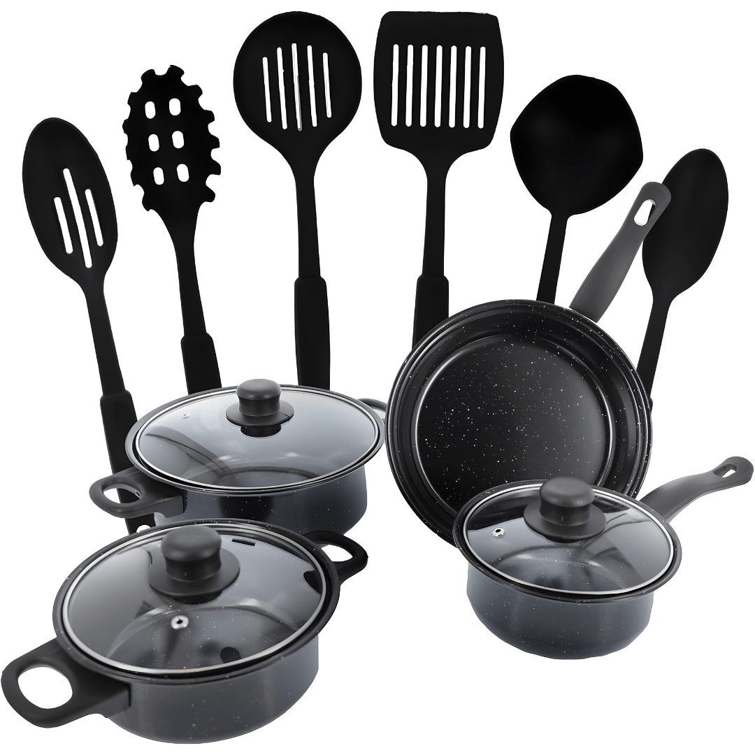 German Line 13-Piece Non-Stick Cookware Set with Glass Lids & Utensils