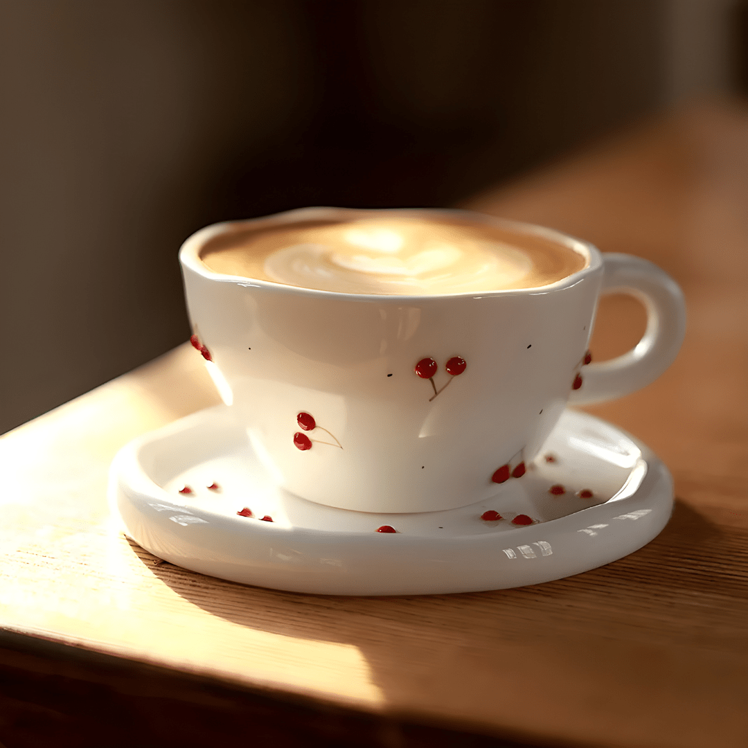 300 ml Hand-Pinched Ceramic Mug & Saucer – Vintage Cherry Design