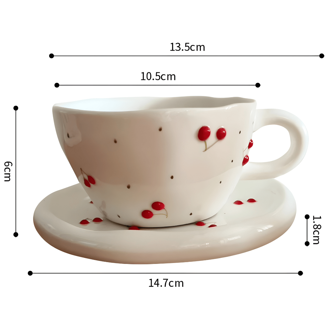 300 ml Hand-Pinched Ceramic Mug & Saucer – Vintage Cherry Design