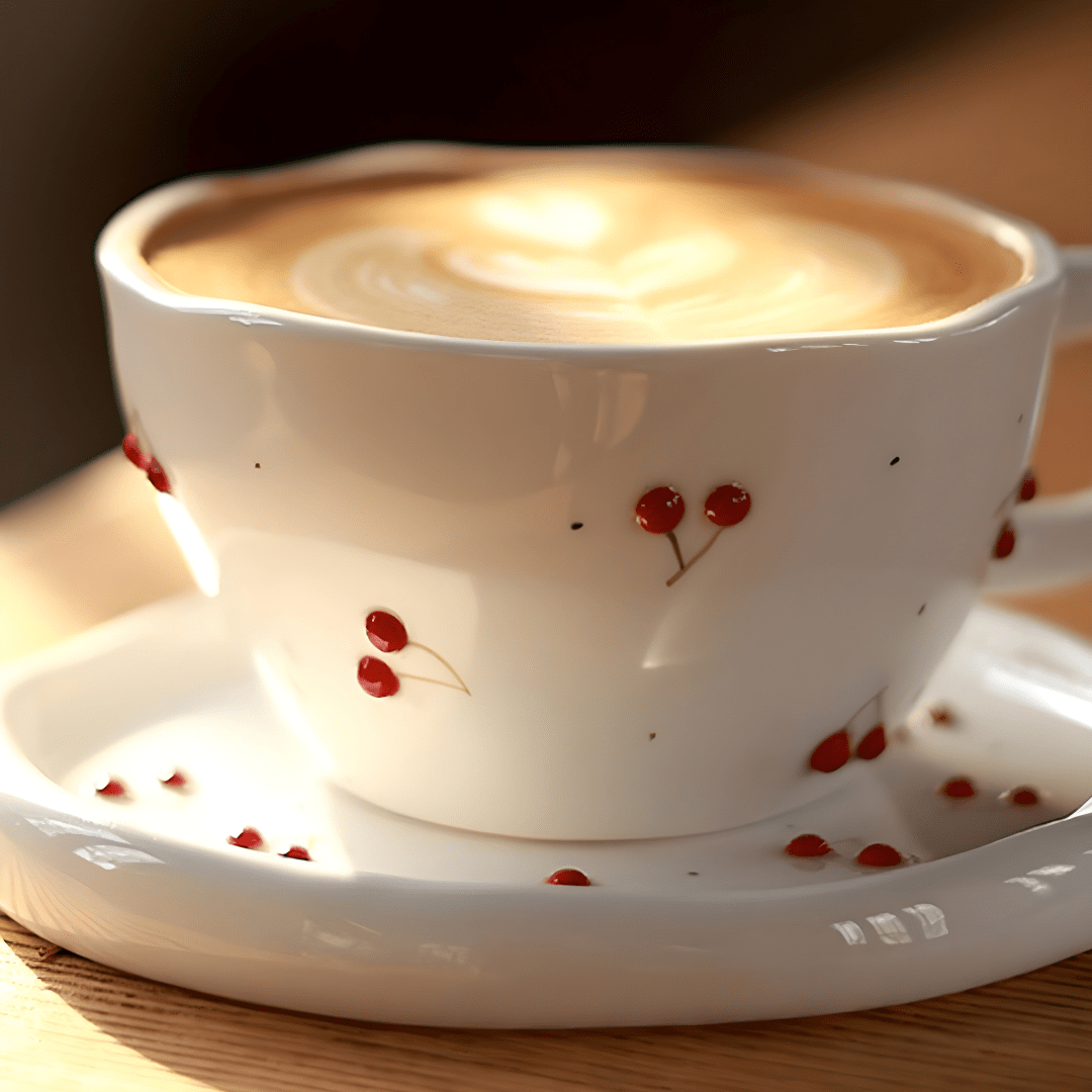 300 ml Hand-Pinched Ceramic Mug & Saucer – Vintage Cherry Design