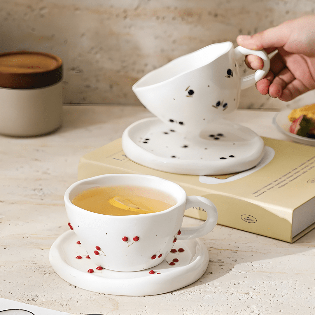 300 ml Hand-Pinched Ceramic Mug & Saucer – Vintage Cherry Design