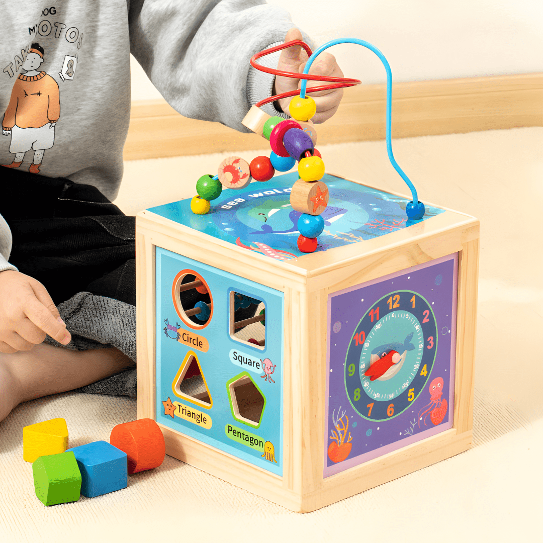Wooden 5-in-1 Educational Activity Cube – Multi-Function Learning Toy (36+ Months)