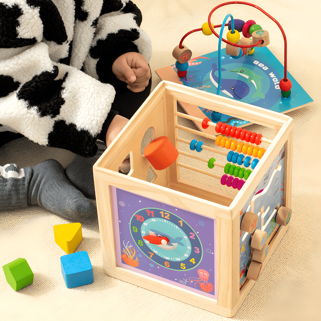 Wooden 5-in-1 Educational Activity Cube – Multi-Function Learning Toy (36+ Months)