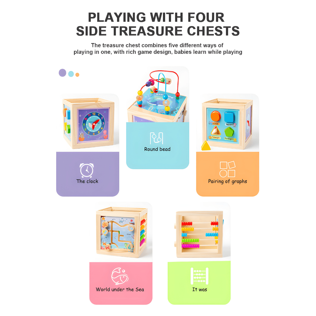 Wooden 5-in-1 Educational Activity Cube – Multi-Function Learning Toy (36+ Months)