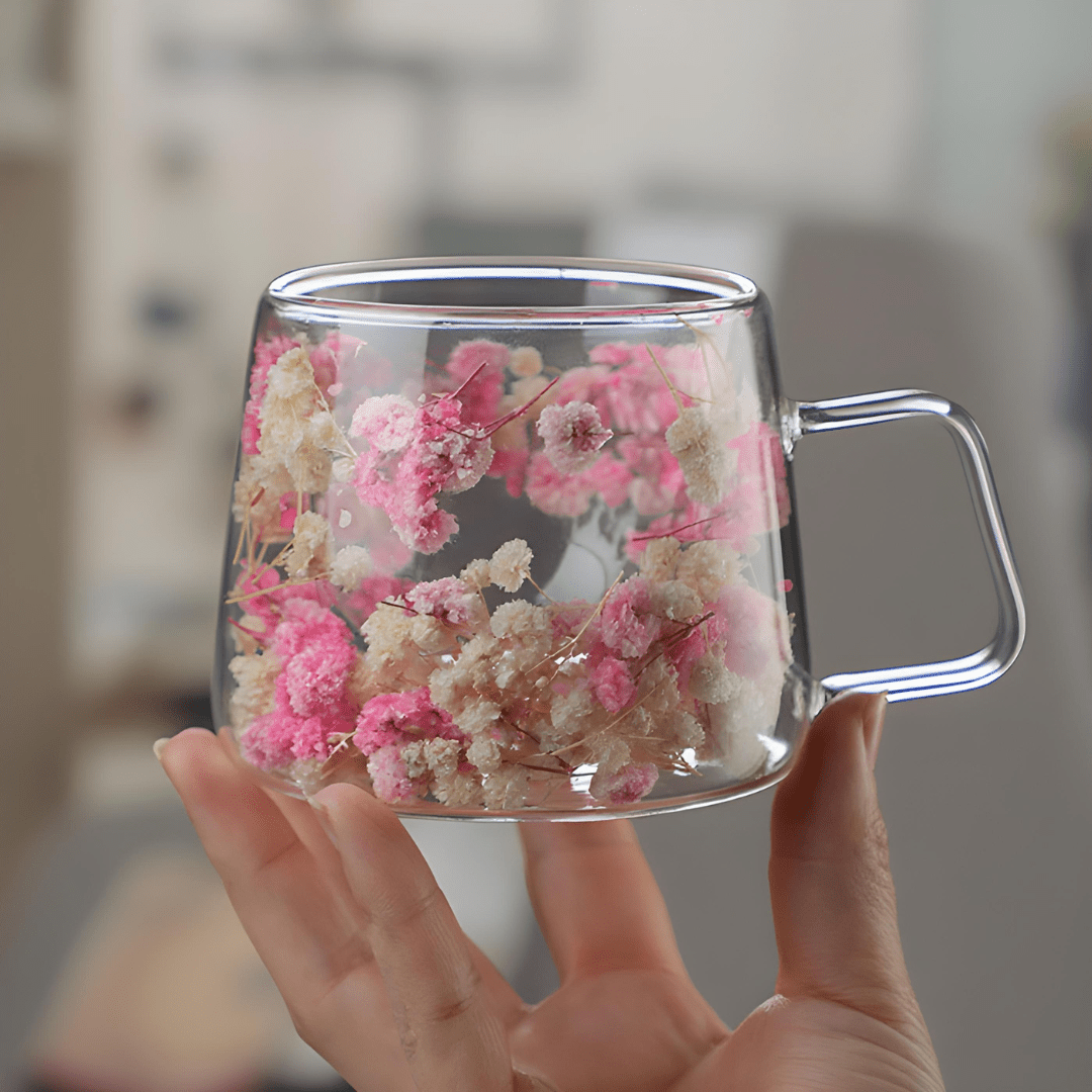 200ml Double Wall Glass Mug with Dried Flowers – Heat-Resistant