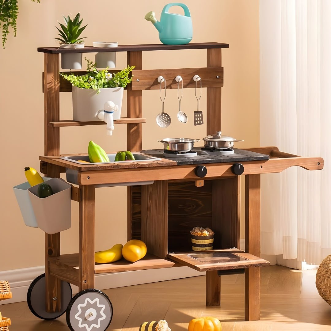 Wooden Backyard Kids Kitchen Set with Wheels & Accessories 3 Years +