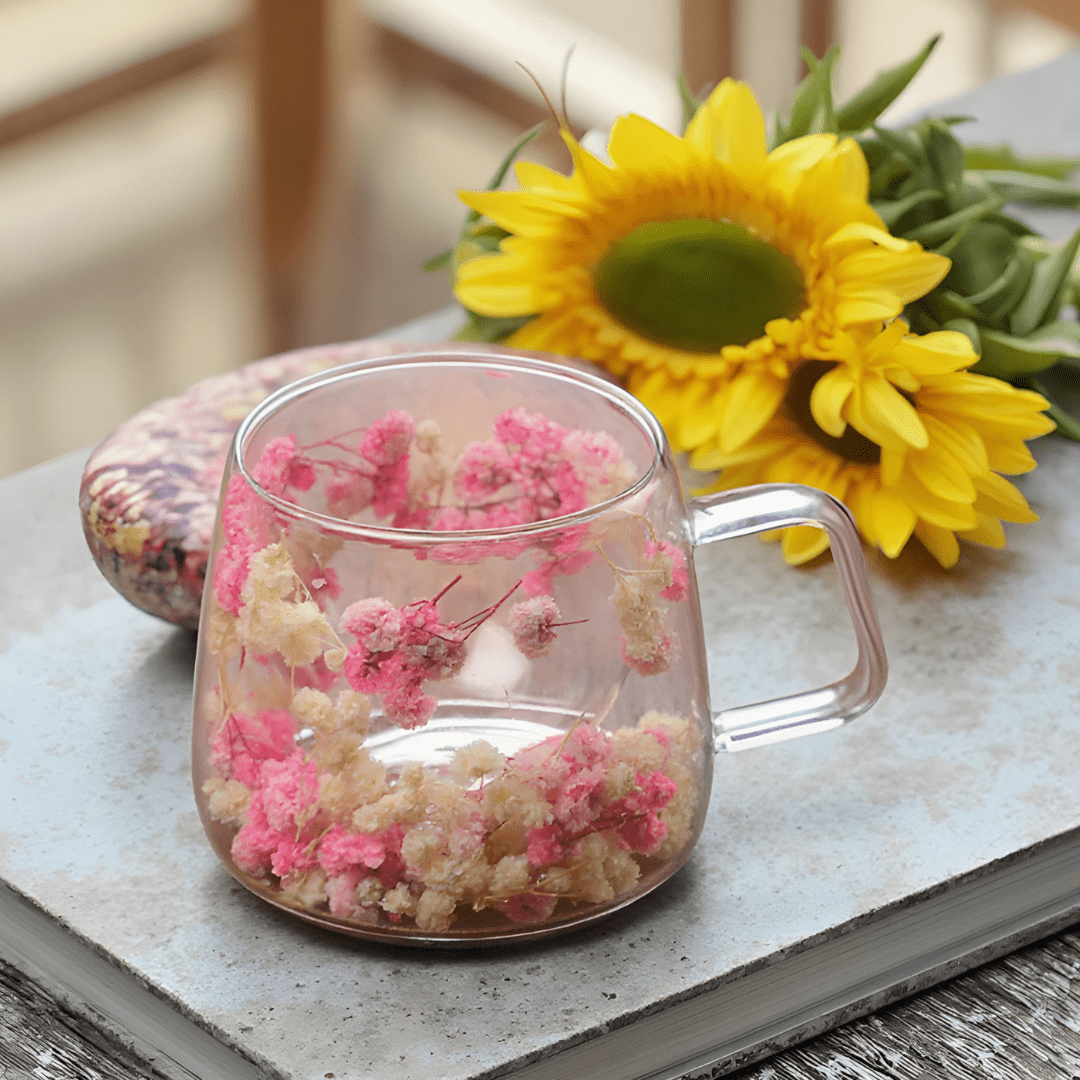 200ml Double Wall Glass Mug with Dried Flowers – Heat-Resistant