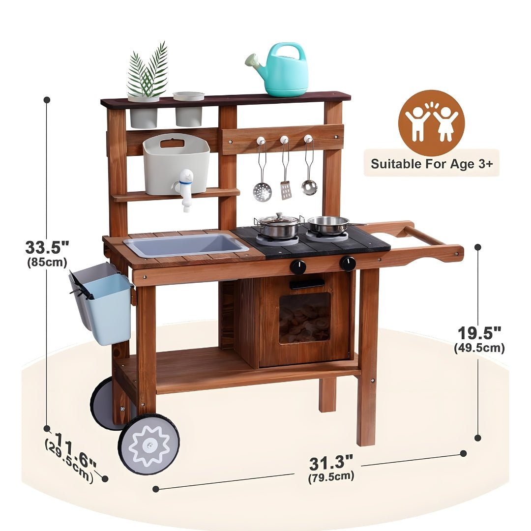 Wooden Backyard Kids Kitchen Set with Wheels & Accessories 3 Years +