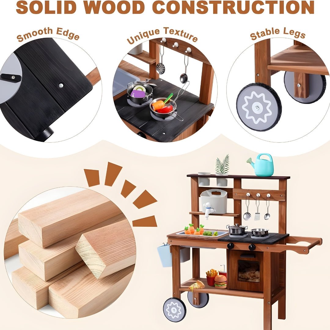 Wooden Backyard Kids Kitchen Set with Wheels & Accessories 3 Years +