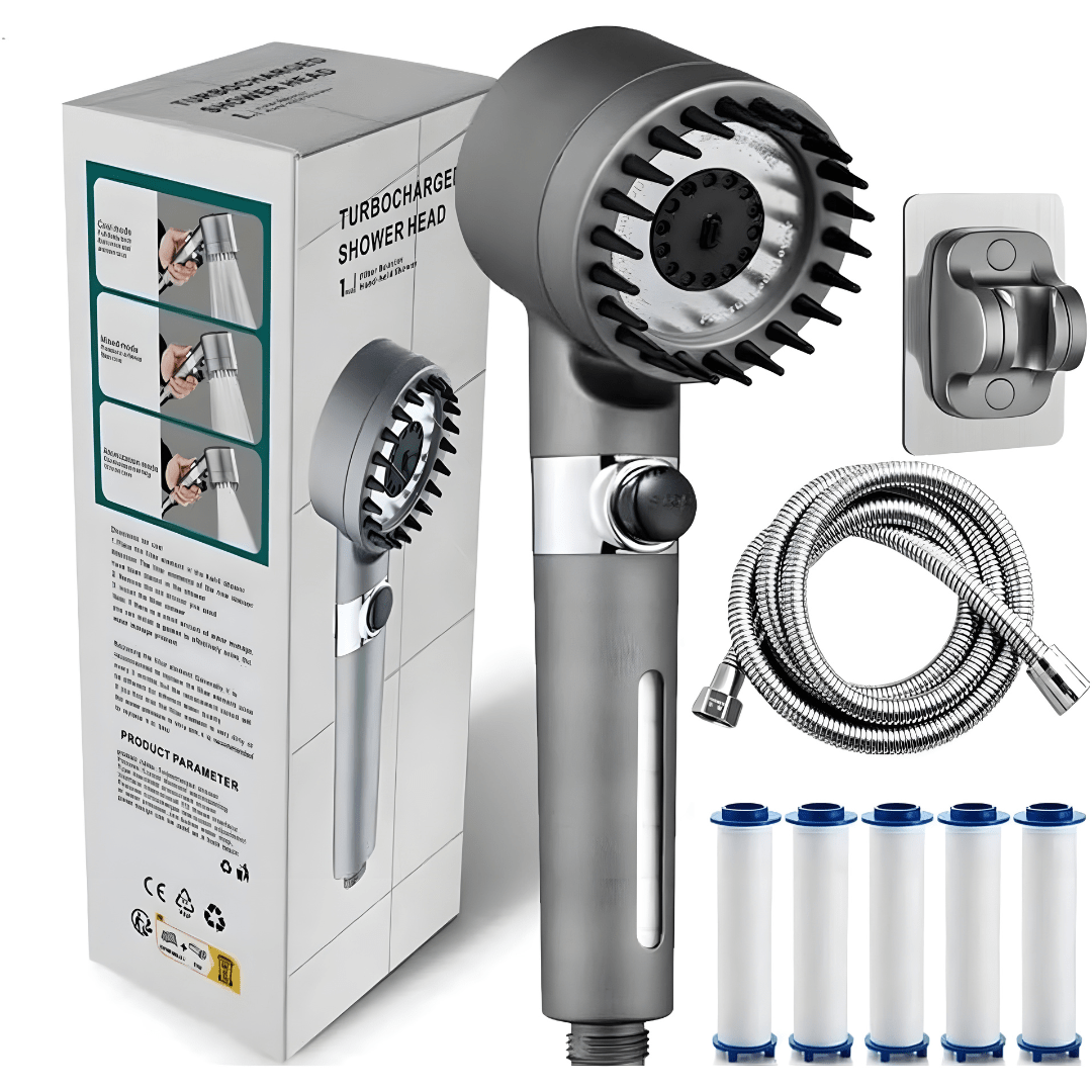 Turbo-Charged High-Pressure Shower Head with Hose & 5 Filters