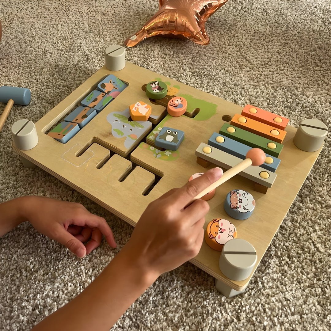 Wooden Busy Board for Kids (36+ Months) – Double-Sided Educational Sensory Toy