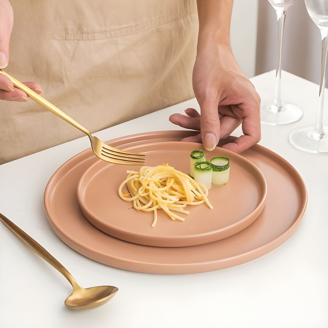 Matte Finish Elegant Dinner Plate – Minimalist Style in White & Red-Brown